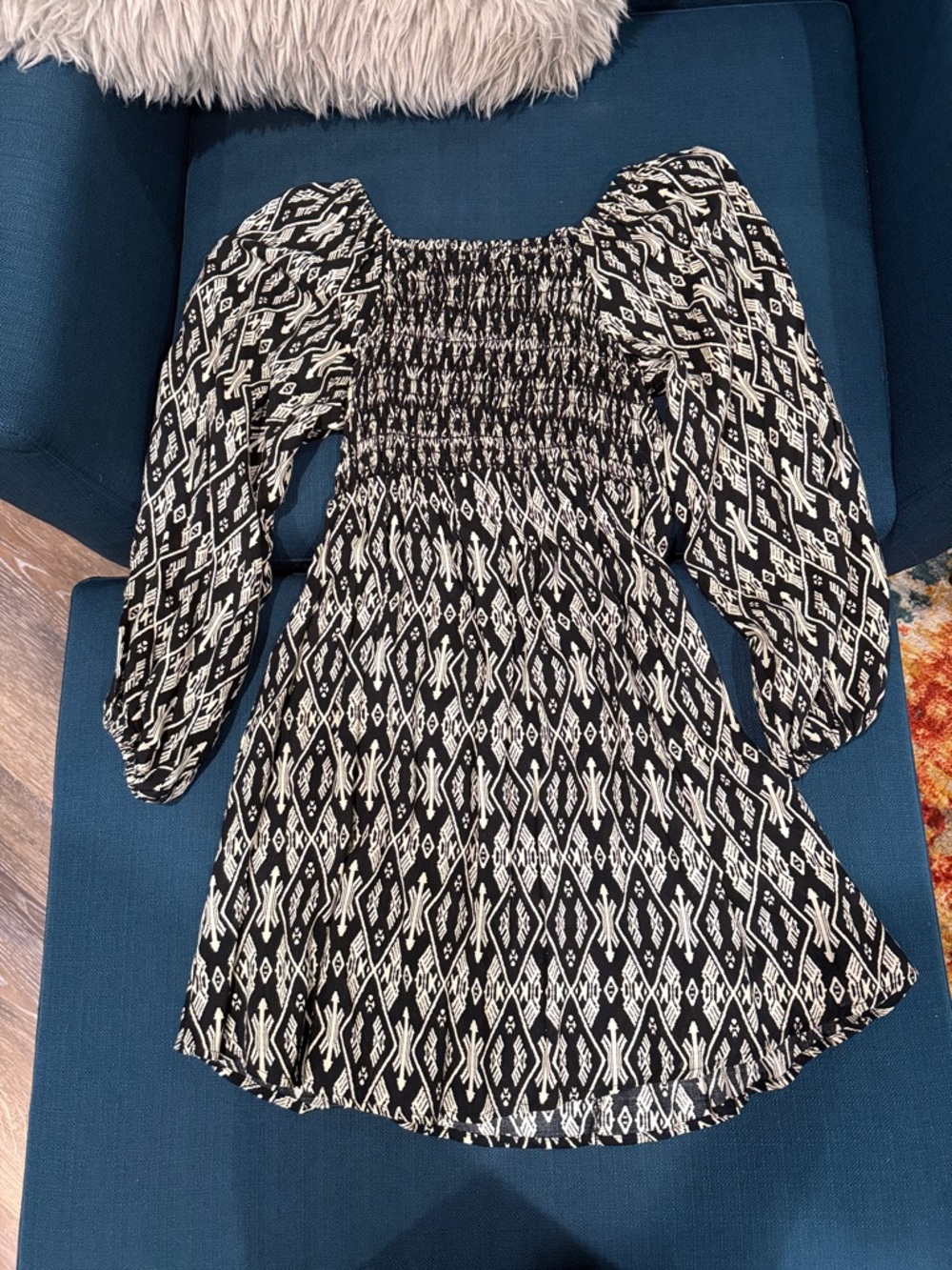 Black & White Smocked Long Sleeve Mini Dress